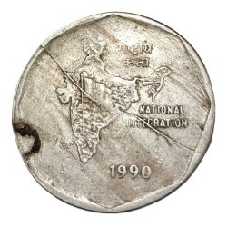 2 Rupees Cu/Ni Big DABBU Issue Year 1990 Calcutta Mint DIE CRACK Error in Collectable Grade.