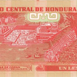 Alternative view of 1 Lempira of Honduras Country (AD 2019) with Ruins of Copan City UNC Grade
