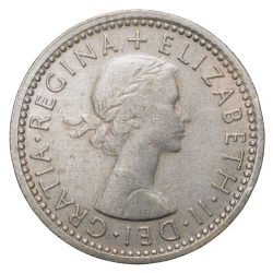 Alternative view of Old Copper-Nickel 6 Pence of Elizabeth II (AD 1960) of United Kingdom