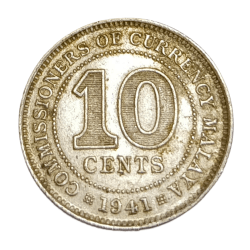 COMMISSIONERS OF CURRENCY “MALAYA” Silver 10 CENTS Year 1941 King GEORGE-VI High AUNC Grade.