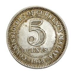 COMMISSIONERS OF CURRENCY “MALAYA” Silver 5 CENTS Year 1943 King GEORGE-VI High AUNC Grade.