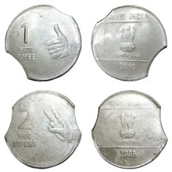One Rupee & Two Rupees Fss MUDRA Series DOUBLE CURVE CLIP CUT Error SET 2 Coins are in Collectable Grades.