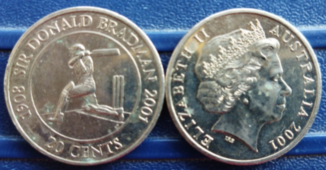 Australia, 2001, 20 Cents, KM# 589, Sir Don Bradman, Circulated Condition, May have some black spots.
