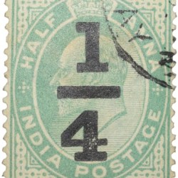 Postal Stamp of Edward VII 1/2 Anna Green Clour - Over Printed 1/4 - Used Condition as per image.