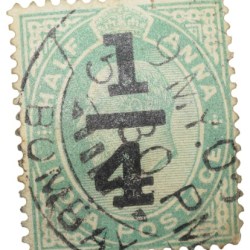 Postal Stamp of Edward VII 1/2 Anna Green Clour - Over Printed 1/4 - Used Condition as per image.
