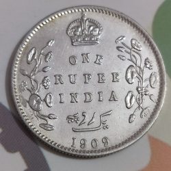 Rare One Rupee 1909 Calcutta Mint of Edward Vii King Emperor British India Silver Coin #NH0557