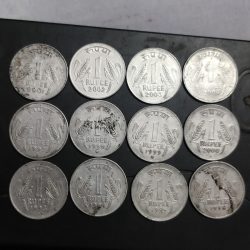 Alternative view of Rare 12 Coins Set of One Rupee 1993 to 2004 Different Mints Stainless Steel Standard Circulation Coin of Republic India