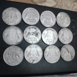 Rare 12 Coins Set of One Rupee 1993 to 2004 Different Mints Stainless Steel Standard Circulation Coin of Republic India