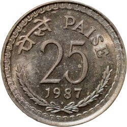 Copper-Nickel 25 Paise of Republic India (AD 1987) of Bombay Mint UNC Grade