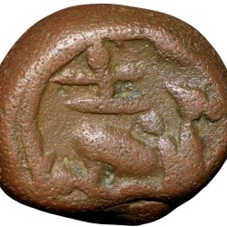 Alternative view of Copper Coin of Tanjore Nayakas (16th - 17th Cen. AD) with Standing Vishnu/Shivalinga above couchant Bull