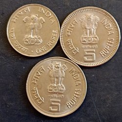Alternative view of India 3 different rupees. Father of nation Mahatma Gandhi First prime minister of India Jawaharlal Nehru Indira Gandhi Metal coper nickel 3 piece given. Same and similar piece available