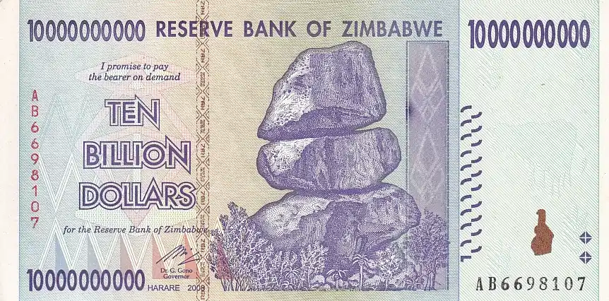 10 Billion Dollars Zimbabwe High Denomination Rare Note