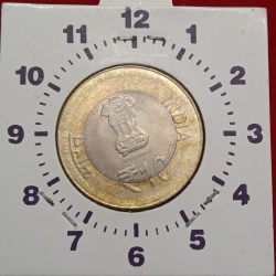 Alternative view of Ten Rs Rare Error 11 "o Clock Error Coin Banaras Hindu University Hyderabad Mint RBI Mistake Coin UNC Coin