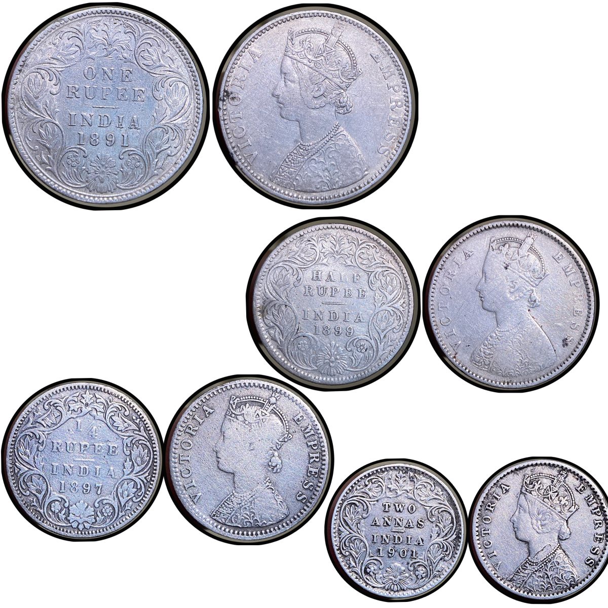 Victoria Empress Set of 4 denominations 1 Rupee, 1/2 Rupee, 1/4 Rupee & 2 Anna
