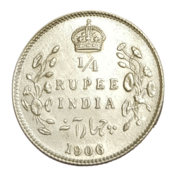 British India Silver 1/4 Rupee Year 1906 King EDWARD-VII in High AUNC Grade.