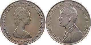 Ascension Island, 50 Pence, 1984, Royal Visit of Prince Andrew, KM# 6, UNC Condition, Mint Folder.