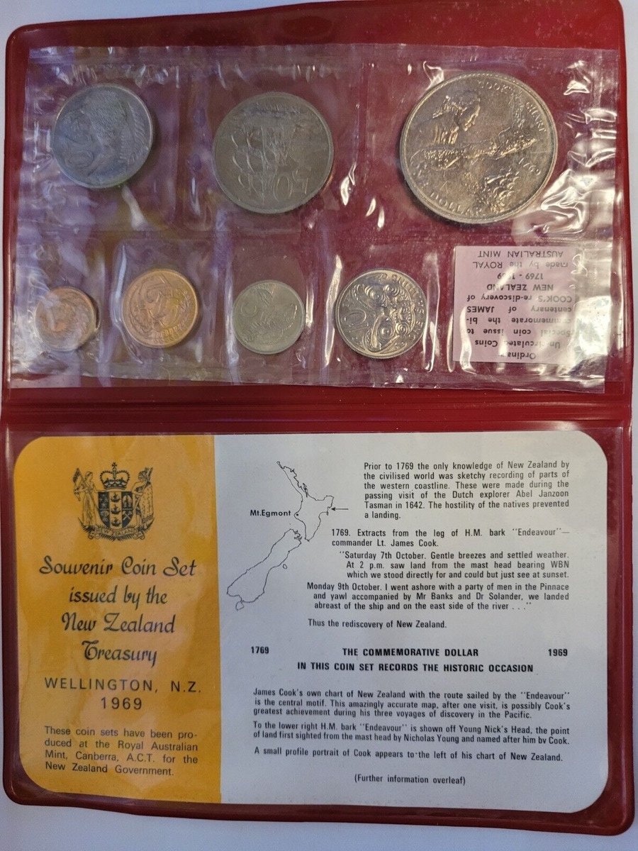 New Zealand, Souvenir Coin Set, 1969, 200th anniversary of Lt. James Cook's Voyage, 7 coin Mint set, Folder packing. - Image 2