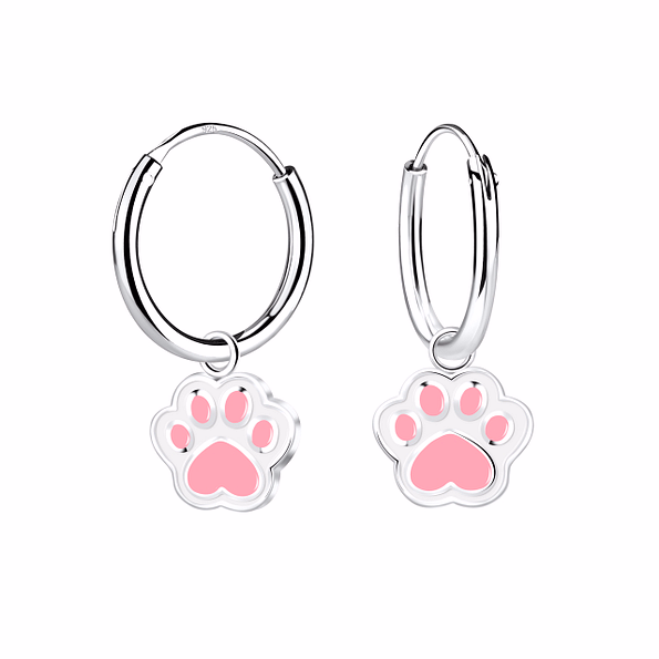 Silver Paw Print Charm Hoop Earrings Very Unique and Rare Anti Tarnish