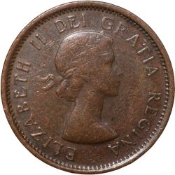 Alternative view of Old Bronze 1 Cent of Elizabeth II (AD 1956) from Canada with A maple twig