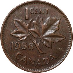 Old Bronze 1 Cent of Elizabeth II (AD 1956) from Canada with A maple twig
