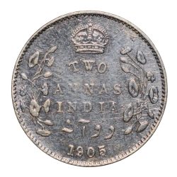 Alternative view of Silver 2 Annas of Edward VII (AD 1905) of Calcutta Mint Rare Date