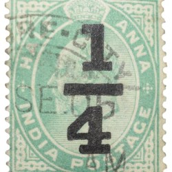Postal Stamp of Edward VII 1/2 Anna Green Clour - Over Printed 1/4 - Used Condition as per image.