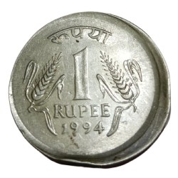 Alternative view of One Rupee Fss Year 1994 Corn 🌽 Issue BROAD STRUCK REVERSE SIDE LAKHI//BROCKAGE Error **RARE** High Collectable Grade.