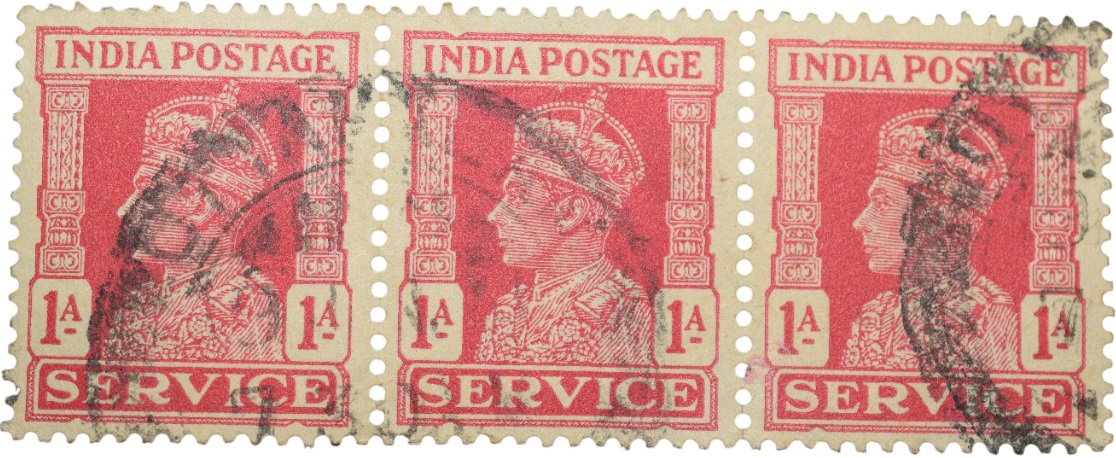 Postal Stamp of George VI 1 Anna Red Colour - Block of 3 Stamps - Used Condition as per Image.
