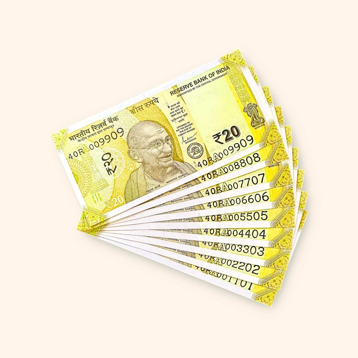 Rs 20 India Banknote Fancy Number Set 010001 till 090009 Gem Unc Very Unique and Rare - Image 2