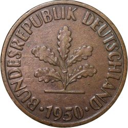 Brass 10 Pfennig of Germany (AD 1950) with Oak Plant