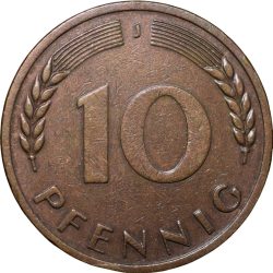 Alternative view of Brass 10 Pfennig of Germany (AD 1950) with Oak Plant