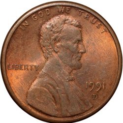 Bronze 1 Cent of USA (AD 1991) with Abraham Lincoln UNC Grade