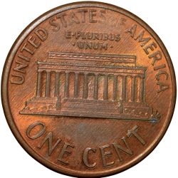 Alternative view of Bronze 1 Cent of USA (AD 1991) with Abraham Lincoln UNC Grade