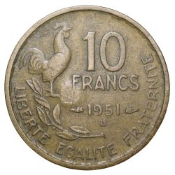 Alternative view of Old Brass 10 Francs of France Country (AD 1951) with Rooster Scarce