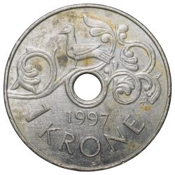 Copper-Nickel 1 Krone of Harald V (AD 1997) of Norway with Stylized bird