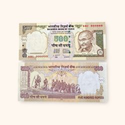 Rs 500 India Banknote Previous Issue Small Font Fancy Number 999999 Unique and Rare