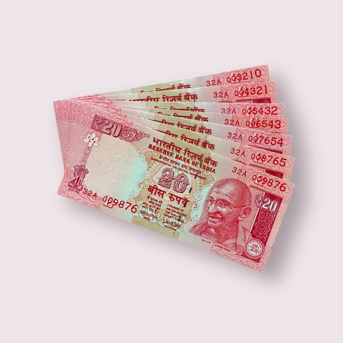 Rs 20 India Banknote 7 note set same prefix fancy numbers starting 003210 till 009876 Unique and Rare