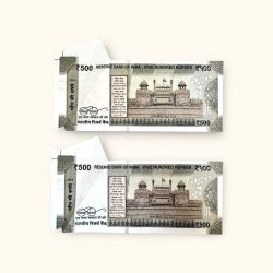 Alternative view of Rs 500 India Banknote Issue Very Unique and Rare Massive Extra Paper Error Consecutive Unique and Rare