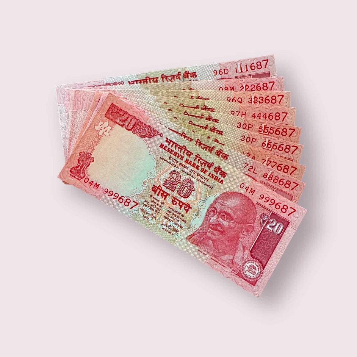 Rs 20 India Banknote 9 note set same prefix fancy numbers starting 111687 till 999687 Unique and Rare