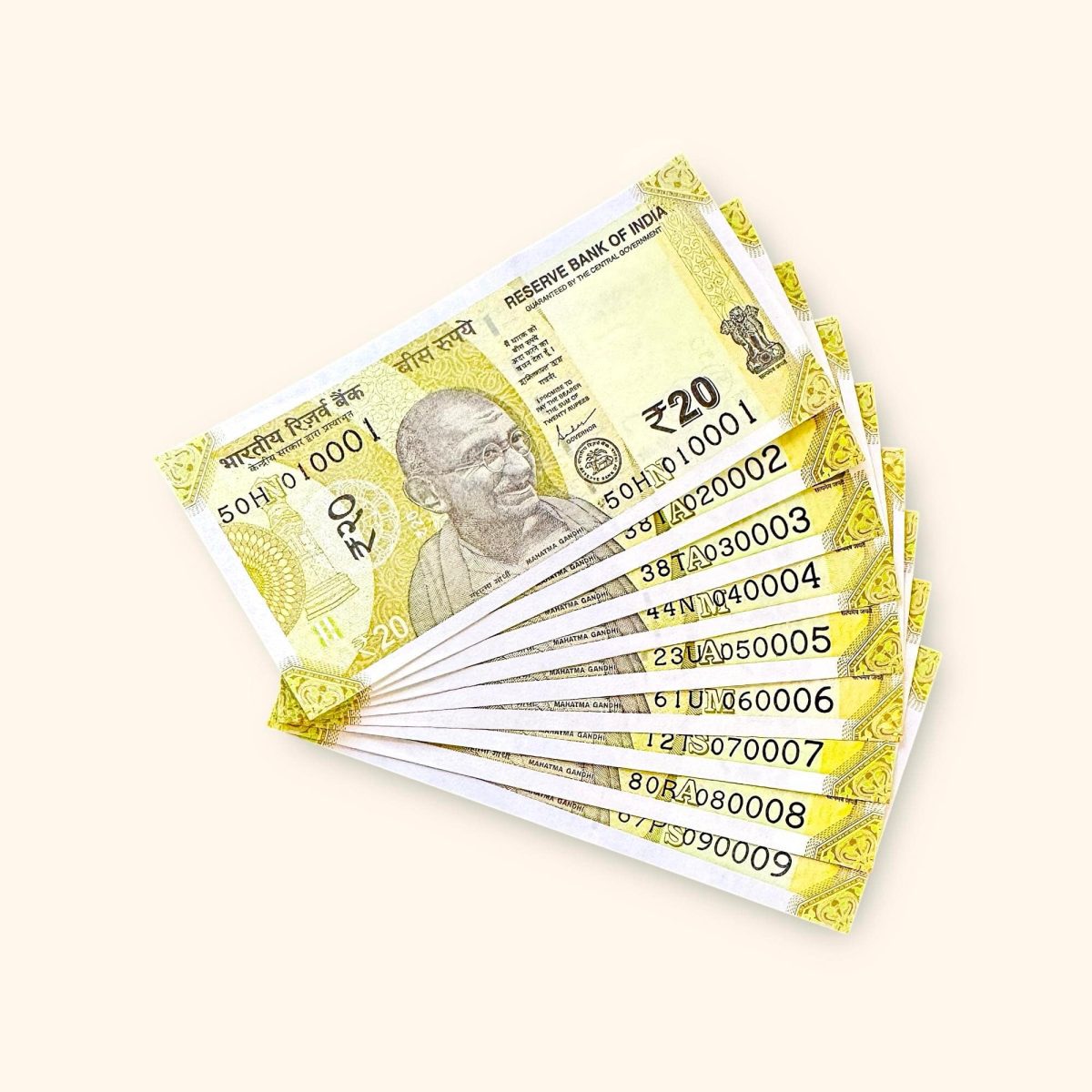 Rs 20 India Banknote Fancy Number Set 010001 till 090009 Gem Unc Very Unique and Rare