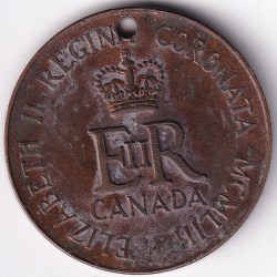 Canada 1953 Coronation Medal Elizabeth II Wt 17.5 Grams Bronze Holed #1
