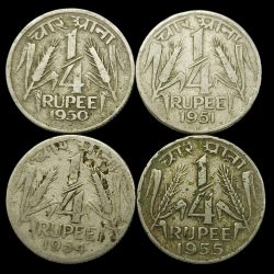 Rare 4 Coins Set of 1/4 Rupee 1950,1951,1954,1955 Four Anna Coin of Republic India Coinage of Government of India Collectable Coin