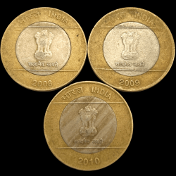 Alternative view of Rare 3 Coins Set of Ten Rupees 2008 to 2010 15 Leafs Bimetallic Coins Set of Republic India Coinage
