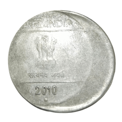 Alternative view of 2 Rupees Fss MUDRA Series Year 2010 Hyderabad Mint OFF CENTRE Error in Collectable Grade.