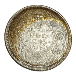Alternative view of British India Silver 1/4 Rupee Year 1942 King GEORGE-VI with Rainbow Tonning UNC Grade.
