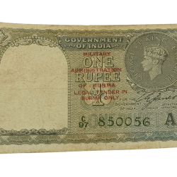 British India ONE RUPEE Signature C.JONES King GEORGE-VI with "BURMA OVERPRINT" Green Serial **V. SCARE** High Collectable Grade.
