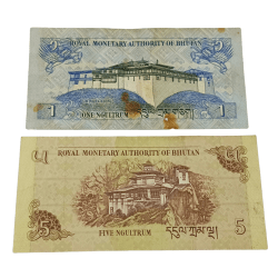 Alternative view of BHUTAN ONE NGULTRUM and FIVE NGULTRUM Set 2 Notes are in Collectable Grades.
