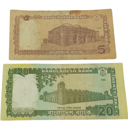 Alternative view of BANGLADESH 5 TAKA and 20 TAKA Set 2 Notes are in Collectable Grades.