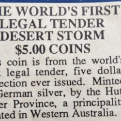 Alternative view of Hutt River Province, 5 Dollar, 1991, Desert Storm - AH64 Apache, Leonard I, X #31, Information sheet, AUNC Condition.