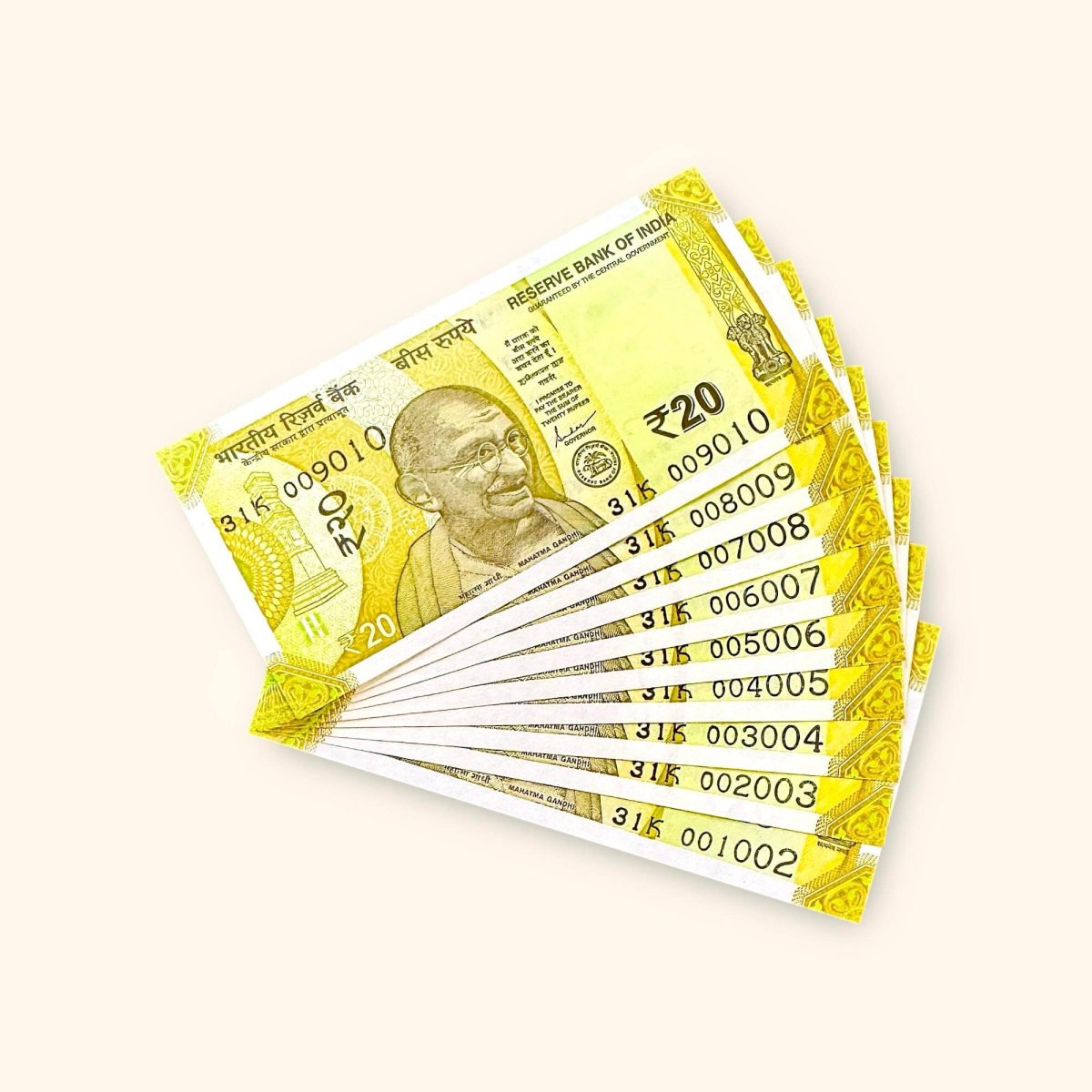 Rs 20 India Banknote Fancy Number Set 001002 till 009010 Gem Unc Very Unique and Rare